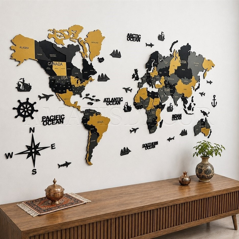 دیوارکوب آماتیس مدل نقشه چوبی جهان طرح برجسته کد 2 150cm