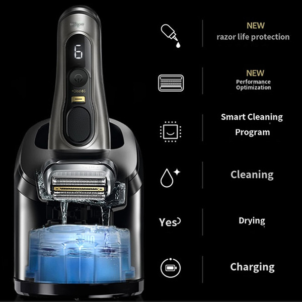 ماشین اصلاح موی صورت شارژی براون مدل 9569cc 9PRO Plus با تیغه تیتانیوم پیشرفته، ضد آب، استفاده خشک و مرطوب، اصلاح صفر، نمایشگر میزان شارژ، سنسور تشخیص تراکم مو، خط زن حرفه‌ای، پایه شستشو ۶ کاره و کیف همراه