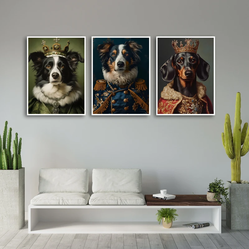 تابلو بکلیت طرح دکوراتیو سگ اشرافی کد W-MR-1091 فریم سفید مجموعه 3 عددی