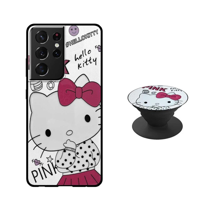 کاور دکین مدل Rikki طرح Pink Kitty مناسب برای گوشی موبایل سامسونگ Galaxy S21 Ultra به همراه پایه نگهدارنده