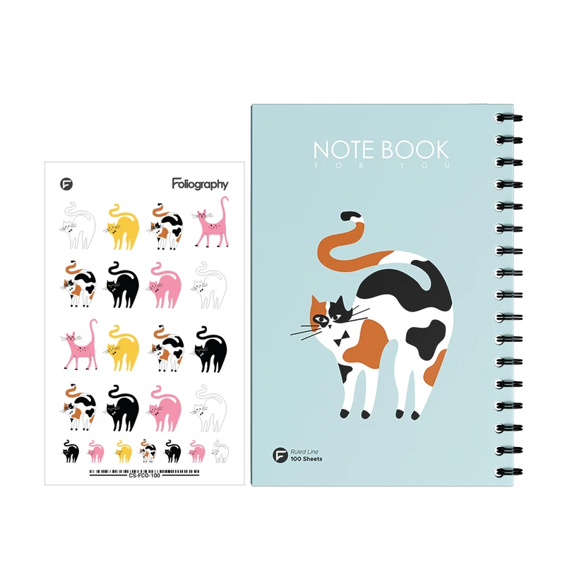 دفتر مشق 100 برگ فولیوگرافی طرح گربه کد 2 به همراه استیکر