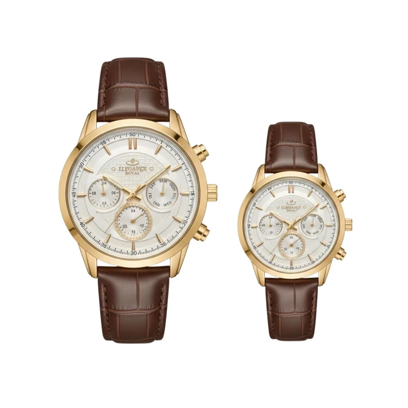 ست ساعت مچی عقربه‌ای کوارتز زنانه و مردانه الگانس مدل بند چرمی کد nls-1080