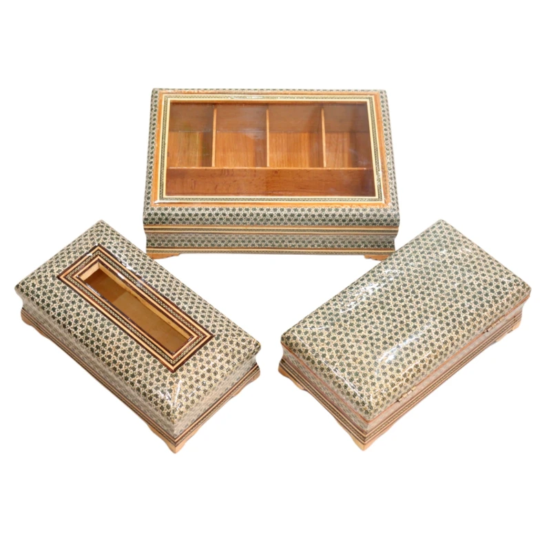 ست 3 تکه جعبه و جعبه دستمال کاغذی خاتم کاری چوبی صنایع دستی فاخر کد HQGr به همراه جعبه کارد و چنگال 