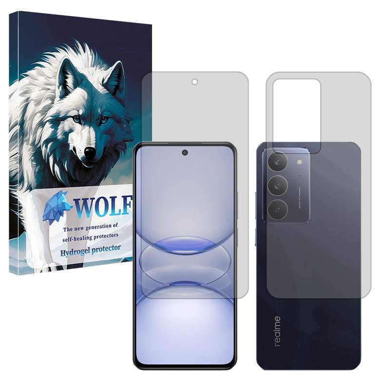 محافظ صفحه نمایش شفاف ولف مدل هیدروژلی مناسب برای گوشی موبایل ریلمی C75x به همراه محافظ پشت گوشی 