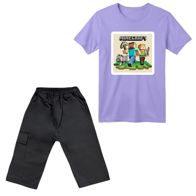 ست تی‌شرت آستین کوتاه و شلوارک پسرانه مدل ماینکرفت کد 001 رنگ یاسی