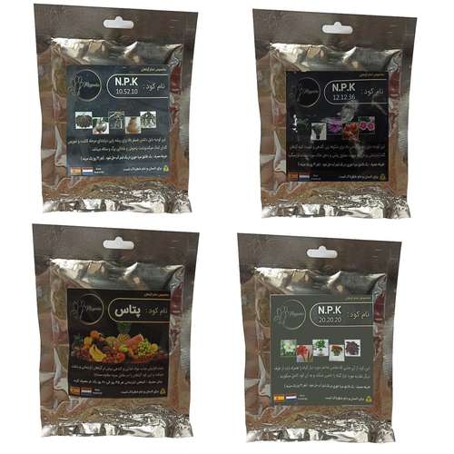 کود فسفر ریشه زایی 10-52-10 وگلدهی 36-12-12 و کود کامل 20-20-20 و پتاس مدل raw material وزن 200 گرم بسته 4 عددی