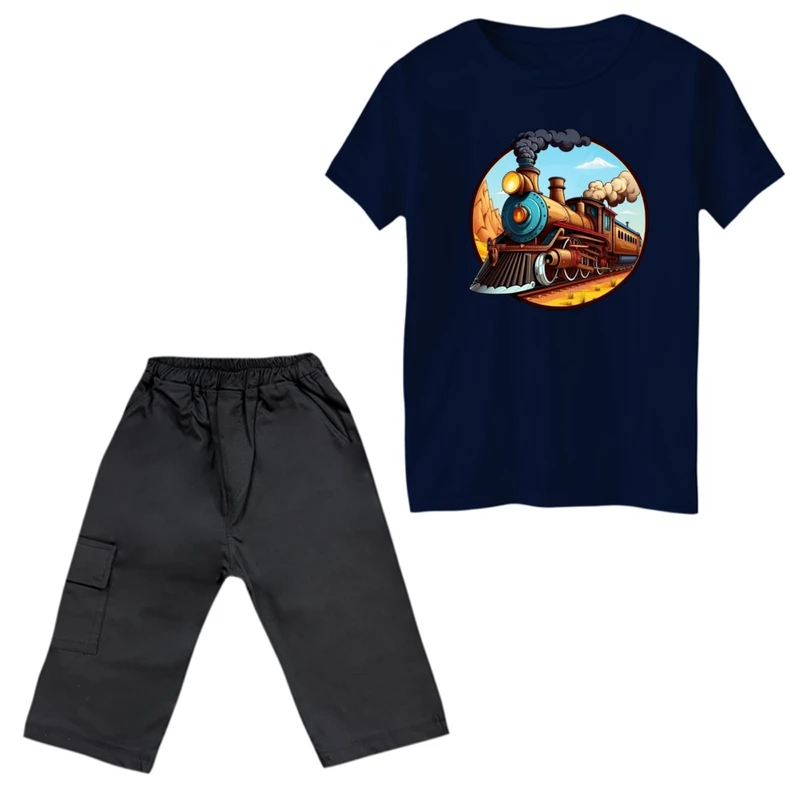 ست تی‌شرت و شلوارک پسرانه مدل قطار