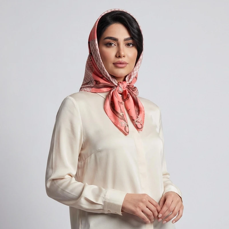 روسری زنانه مدل مینی اسکارف نخی چهارخانه طرح کمربندی زنجیره ای مهمانی قواره 70