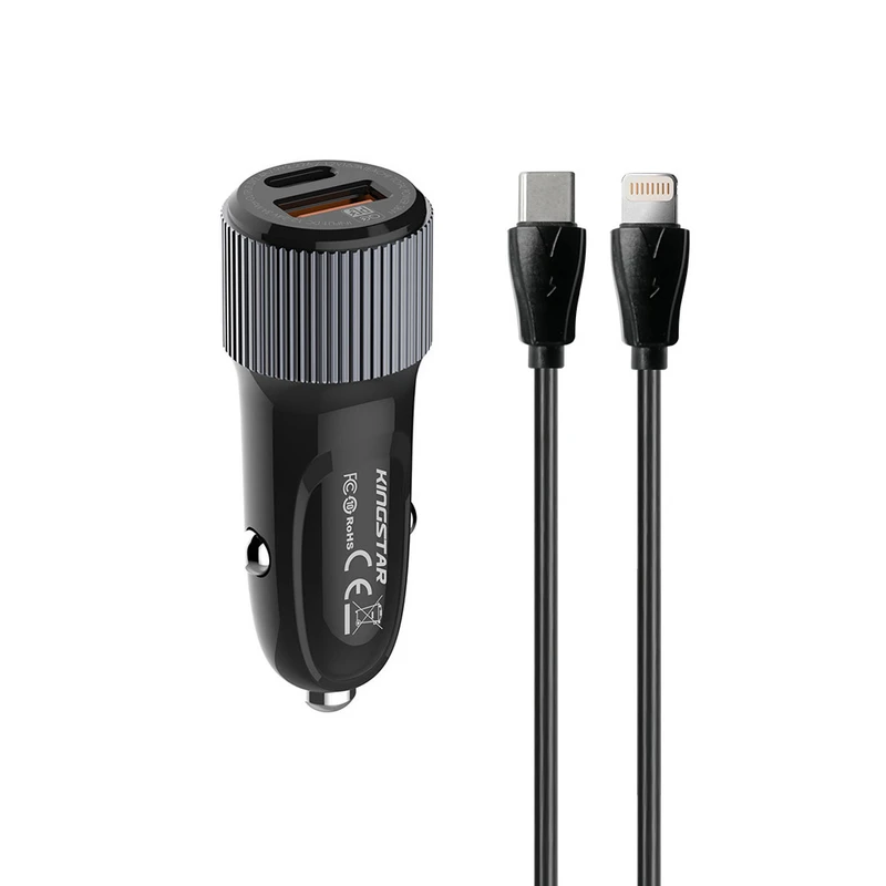 شارژر فندکی 38 وات کینگ استار مدل KC135i PD به همراه کابل USB-C به لایتنینگ