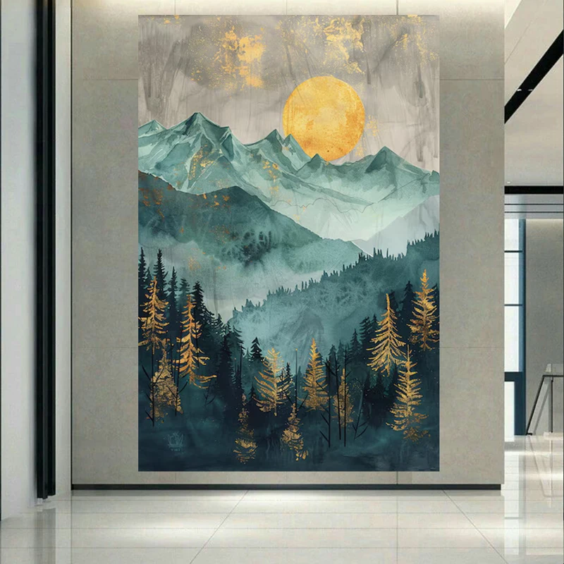 پوستر دیواری طرح نقاشی فانتزی طبیعت مدل کوهستان و خورشید کد AR304414