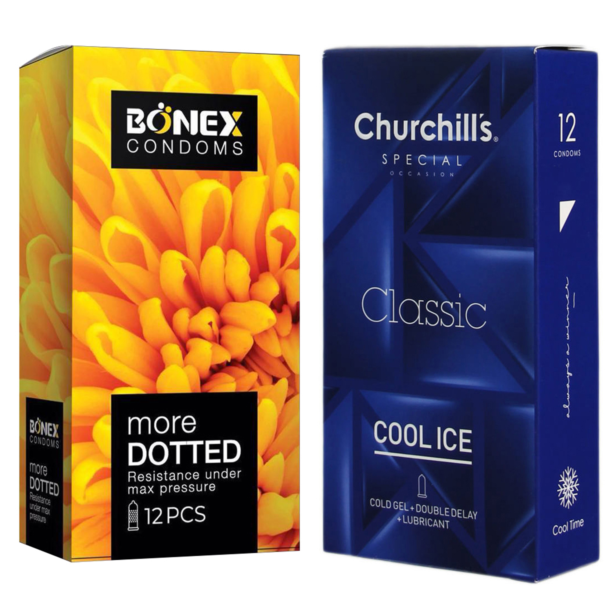 کاندوم چرچیلز مدل Cool Ice بسته 12 عددی به همراه کاندوم بونکس مدل More Dotted بسته 12 عددی 