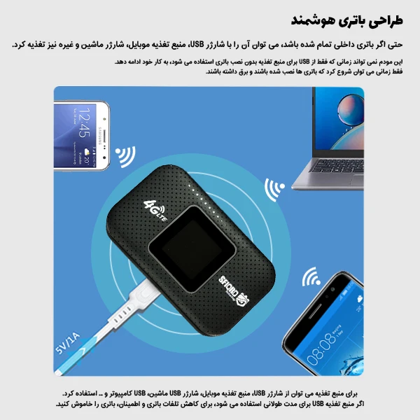 عکس شماره 5 : مودم 4g lte قابل حمل اسفیورد مدل m750 با باتری 3000 میلی آمپرساعت، پشتیبانی از 10 کاربر همزمان، نمایشگر رنگی دیجیتال، اتصال بی سیم wifi 802.11b-g-n و سرعت دانلود تا 150 مگابیت بر ثانیه