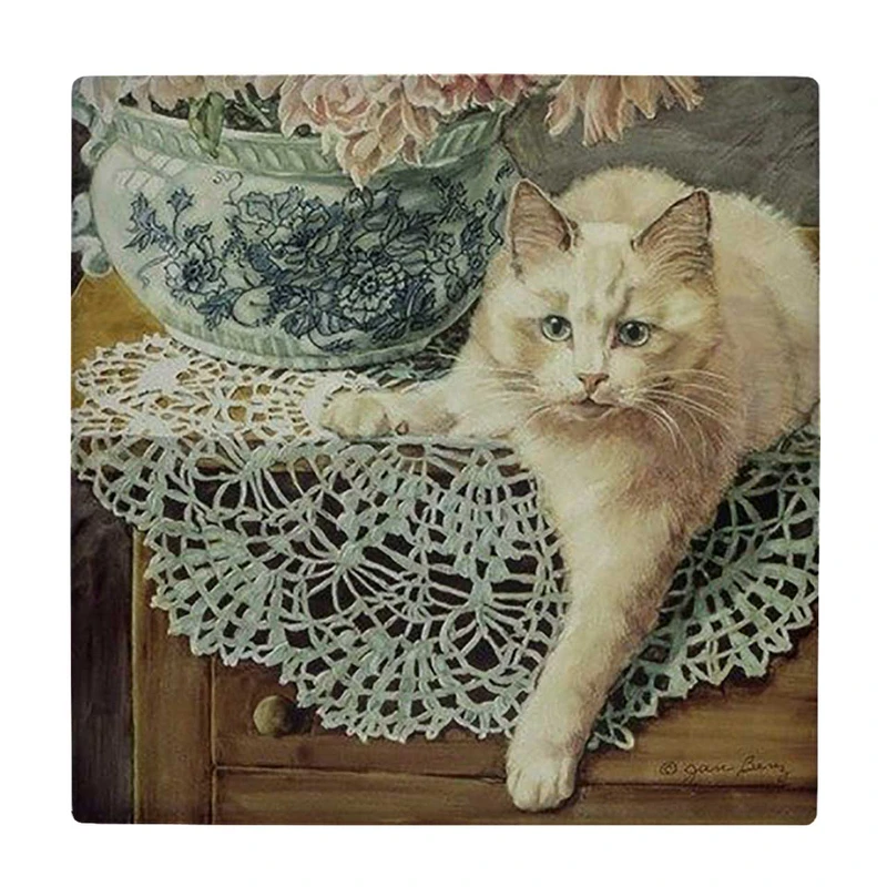 زیر لیوانی  طرح نقاشی گلدان گل و گربه کد    6096843_5285