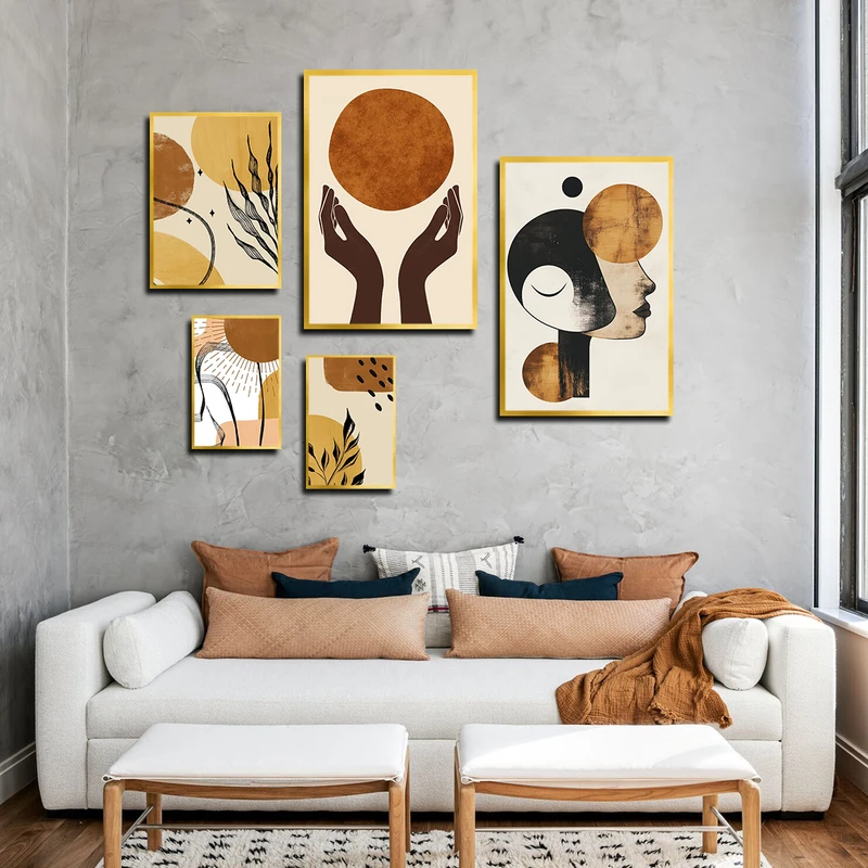 تابلو بکلیت طرح نقاشی مینیمال چهره مدل T-3384 فریم طلایی مجموعه 5 عددی