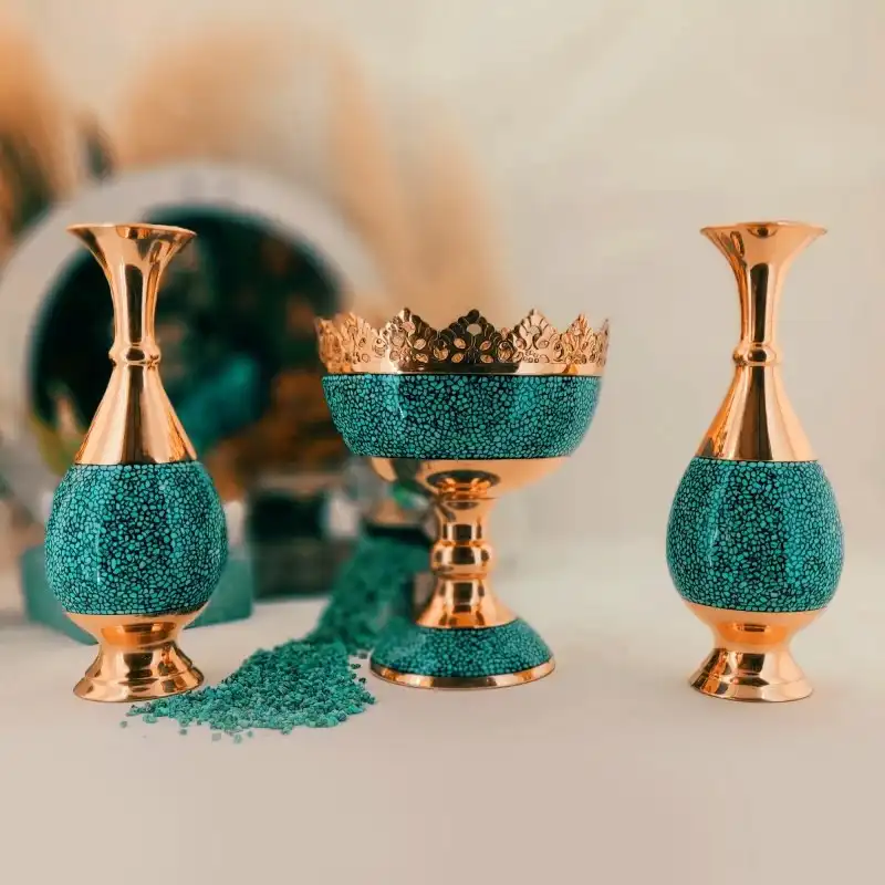 ست سه تکه گلدان و آجیل خوری فیروزه کوبی مدل F065 کد F011