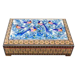 جعبه جواهرات خاتم کاری چوبی صنایع دستی فاخر طرح گل و مرغ برجسته کد Bl22145