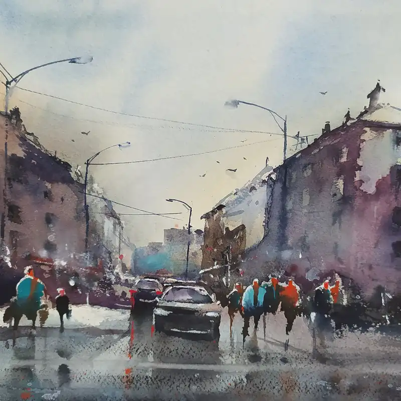 نقاشی آبرنگ طرح خیابان بارانی کد 89