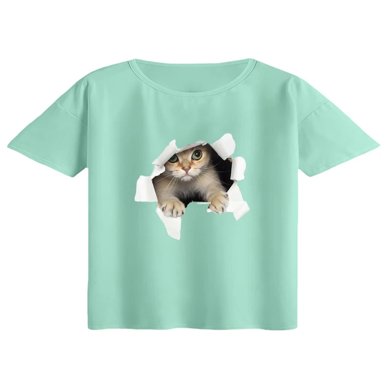 کراپ تی‌شرت آستین کوتاه زنانه مدل گربه کد 4