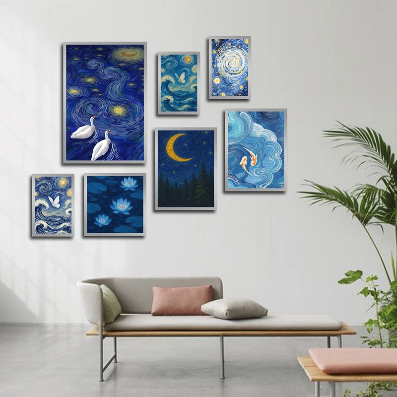 تابلو بکلیت طرح نقاشی رنگ روغن دریا و ماهی و نیلوفر آبی مدل SI-3752 فریم نقره ای مجموعه 7 عددی