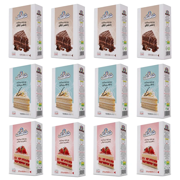 پودر کیک کاکائو و وانیل و توت فرنگی شاهنگ - 250 گرم بسته 12 عددی