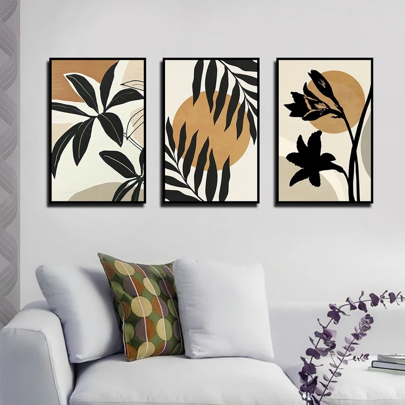 تابلو بکلیت طرح نقاشی مینیمال برگ مدل B-3877 فریم مشکی مجموعه 3 عددی