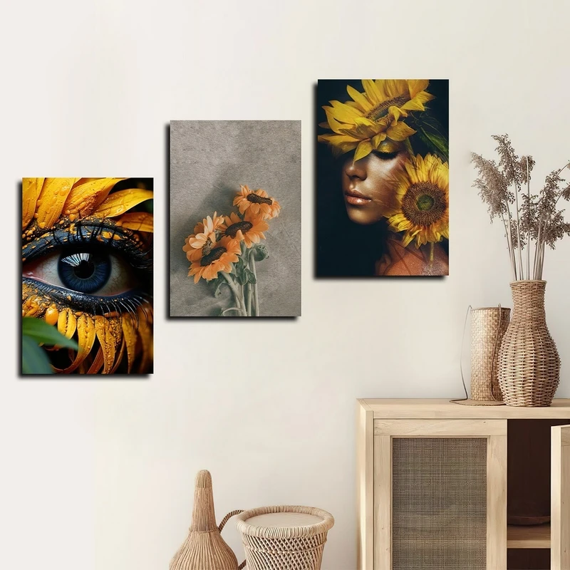 تابلو شاسی بکلیت طرح مدرن چهره و گل آفتابگردان مدل SH-2417 مجموعه 3 عددی