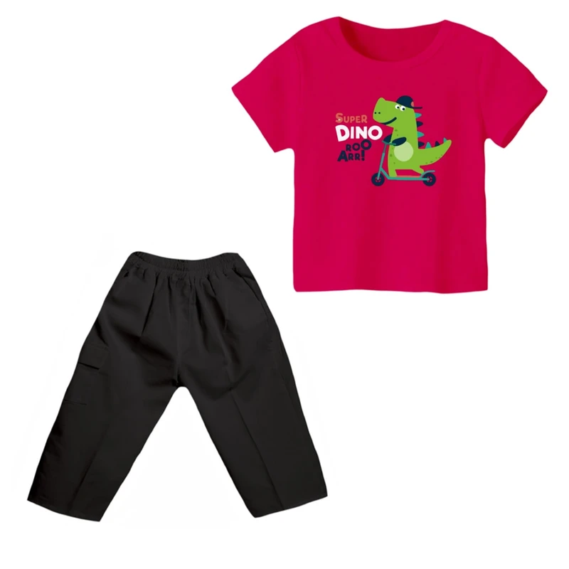ست تی شرت و شلوارک پسرانه مدل دایناسور کد ۱۰ رنگ سرخابی