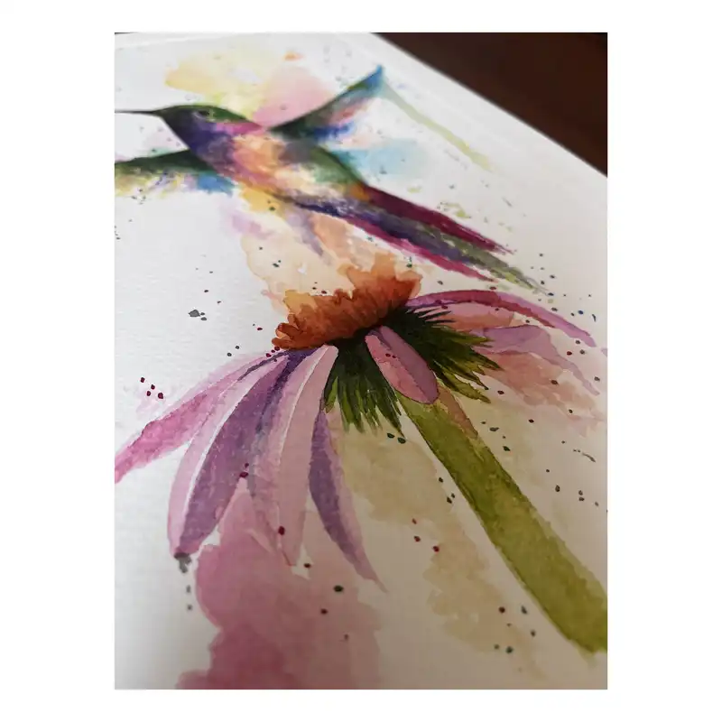 نقاشی آبرنگ طرح پرواز پرنده و گل