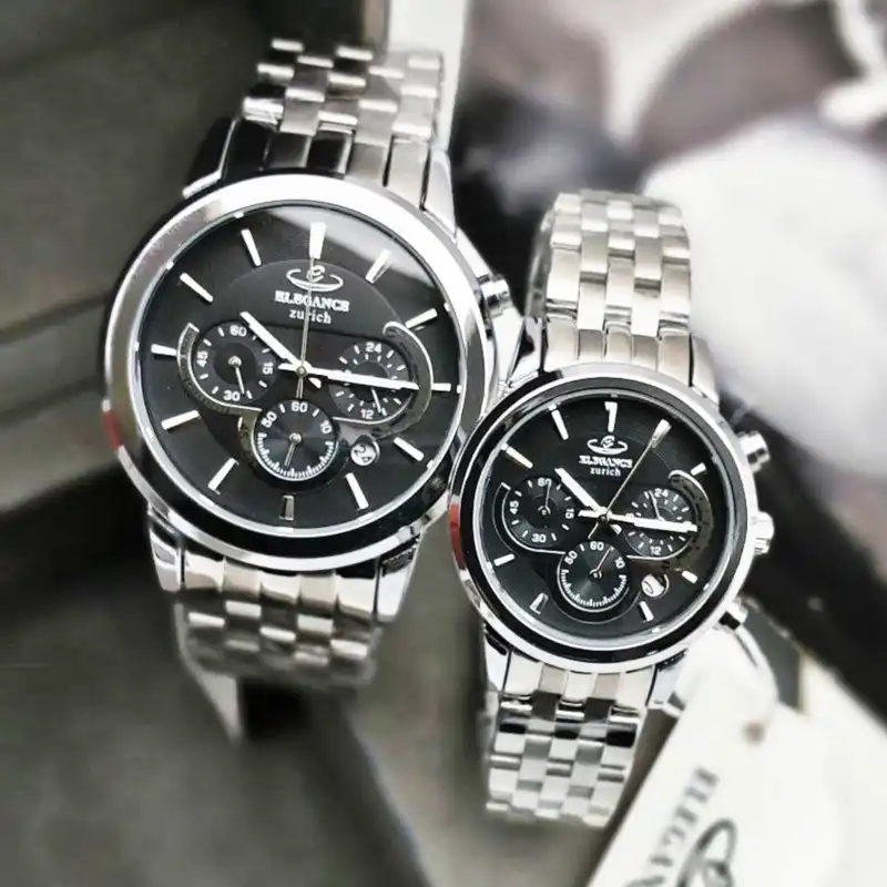 ست ساعت مچی عقربه ای زنانه و مردانه الگانس مدل سه موتور فعال قفل مخفی کد 104