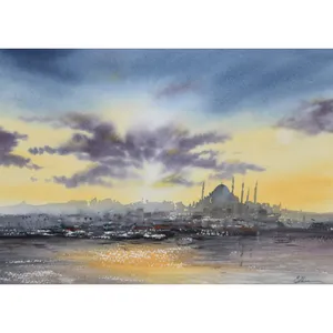 نقاشی آبرنگ طرح آسمان شهر کد 029