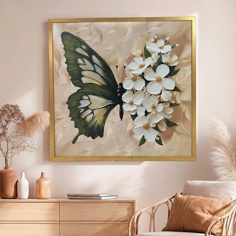 تابلو طرح دکوراتیو مدل گل و پروانه کد1496C فریم طلایی 