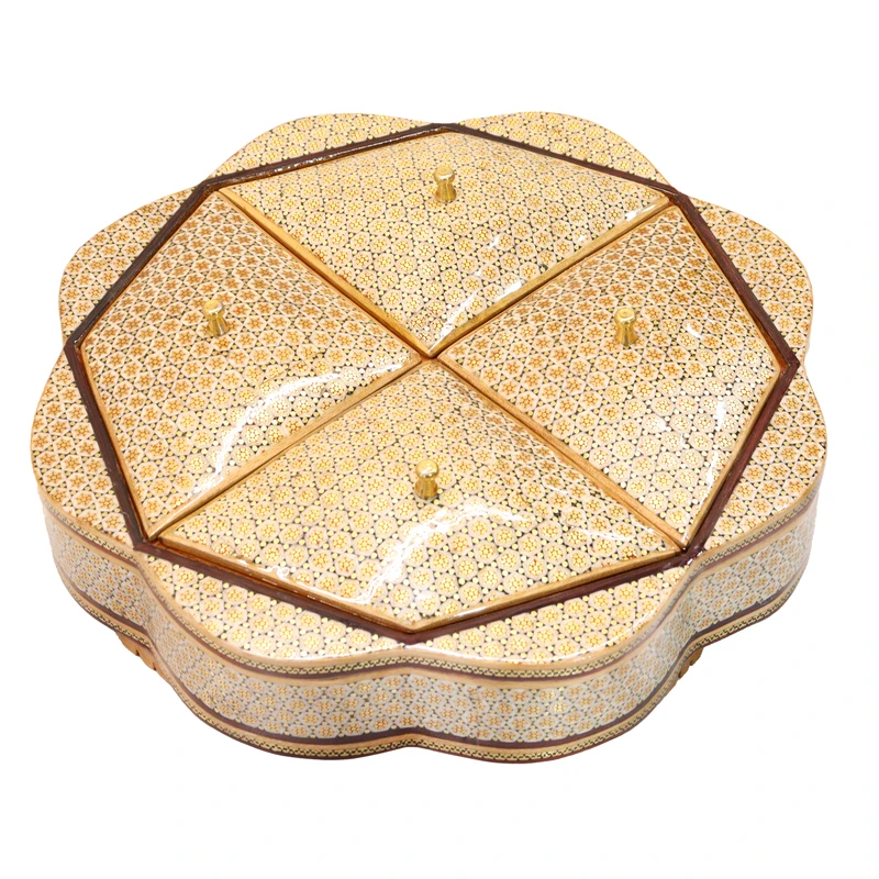 شکلات خوری خاتم کاری صنایع دستی فاخر مدل 4 درب ممتاز طرح گلی کد MQGold4d26