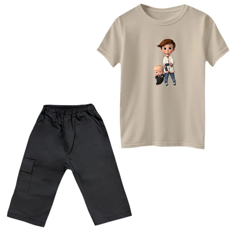 ست تی‌شرت و شلوارک پسرانه مدل بچه رییس رنگ کرم 