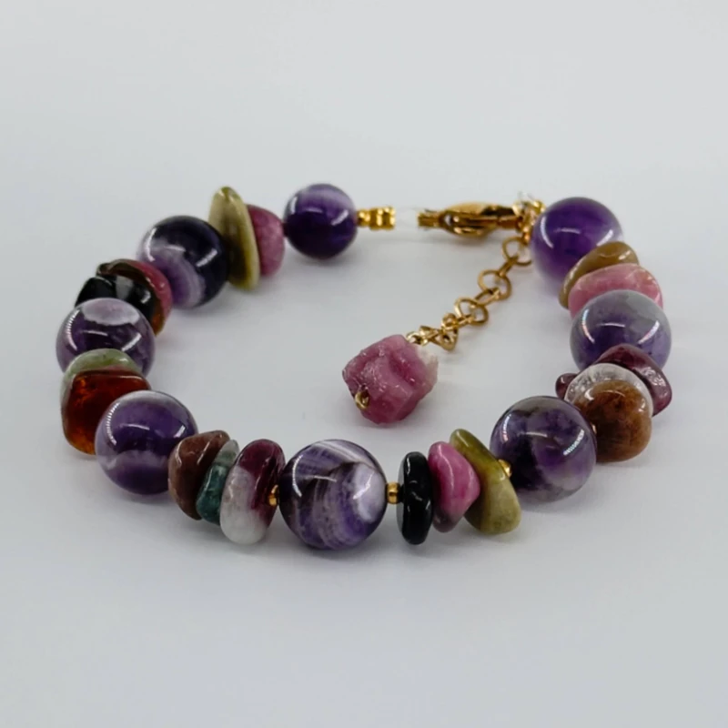 دستبند زنانه مدل سنگ تورمالین هندوانه ایی و آمیتیست کد 4340