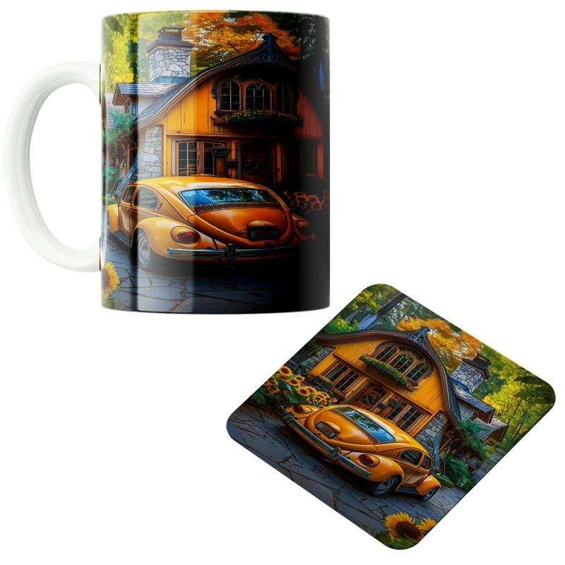 ماگ پاد آفرین مدل فولکس و کلبه کد 01 به همراه زیر لیوانی