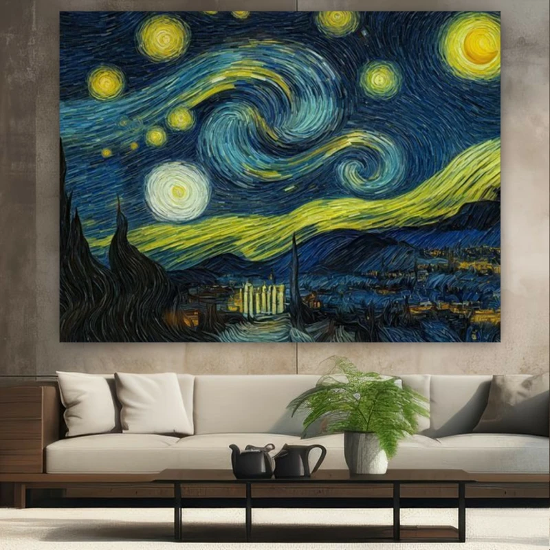  تابلو بوم طرح مخمل نقاشی ونگوک مدل شب طوفانی و ماه کد GR839