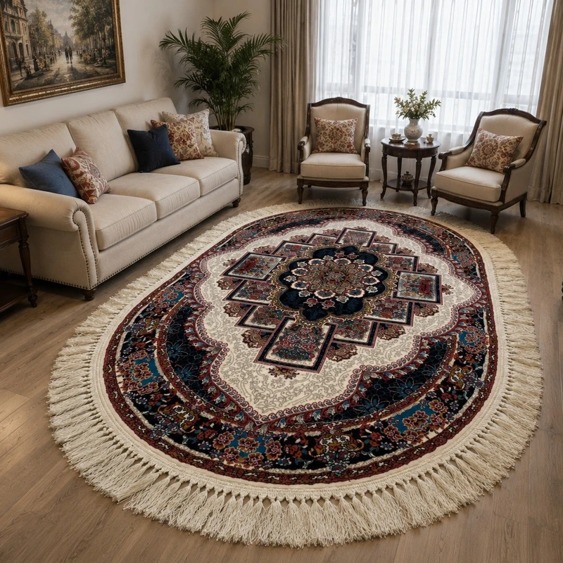 فرش ماشینی مدل بیضی ناردون زمینه کرم