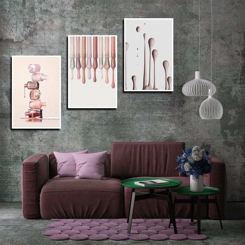 تابلو بکلیت طرح کاشت ناخن و لاک مدل W-4069 فریم سفید مجموعه 3 عددی