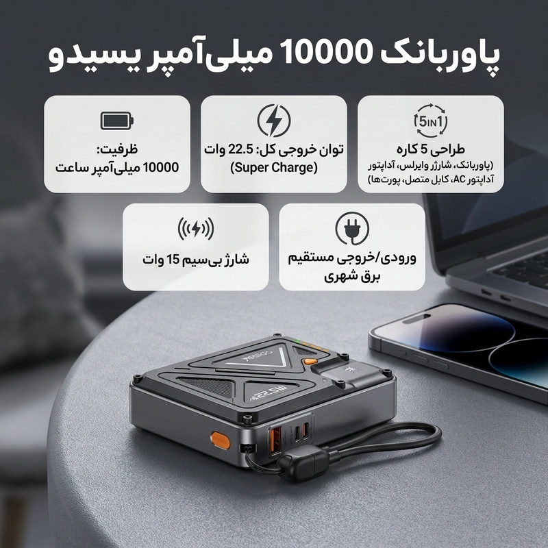 پاوربانک بی‌سیم 22.5 وات یسیدو مدل YP89 ظرفیت 10000 میلی‌آمپر‌ساعت به همراه بند آویز