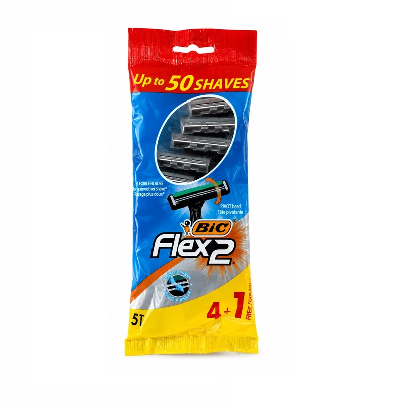 تیغ خودتراش ۲ لبه بیک مدل Flex 2 با دو تیغه انعطاف‌پذیر و سری چرخشی، دسته ضدلغزش، ساخته‌شده از استیل ضد زنگ، پنج عددی