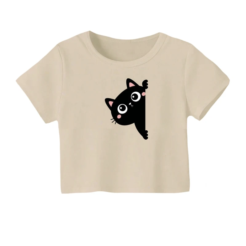 کراپ‌ تی‌شرت آستین کوتاه زنانه مدل گربه