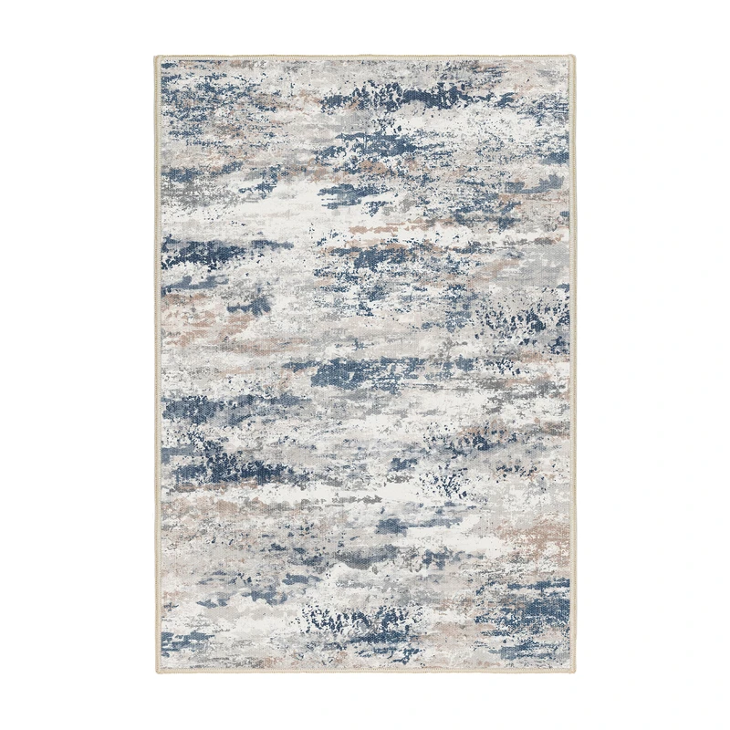 فرش ماشینی 1000 شانه زمینه کرم حاشیه آبی مدل نانو چاپ بدون پرز طرح مینیمال دلتا کد OR.1122.03