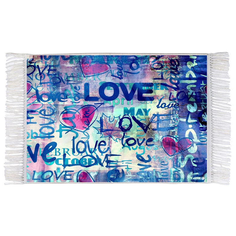 فرش ماشینی دیوارکوب اطلس آبی مدل عشق و قلب مدل T1233