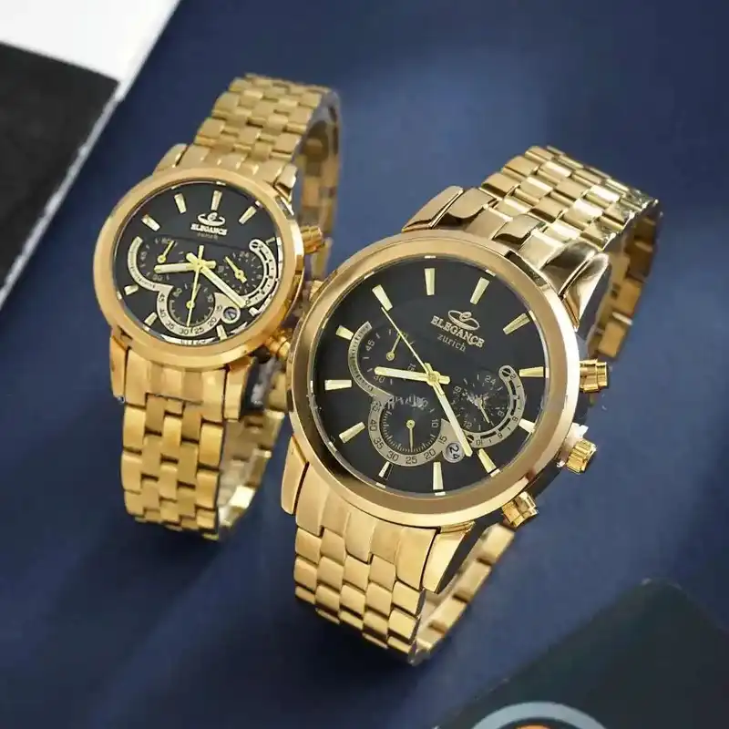 ست ساعت مچی عقربه ای  زنانه و مردانه الگانس مدل سه موتور فعال کرنوگراف بند استیل103