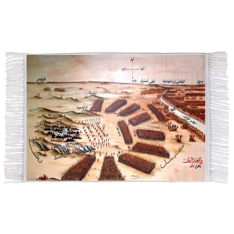 فرش ماشینی دیوارکوب اطلس آبی طرح کربلا عاشورا و امام حسین مدل T2462