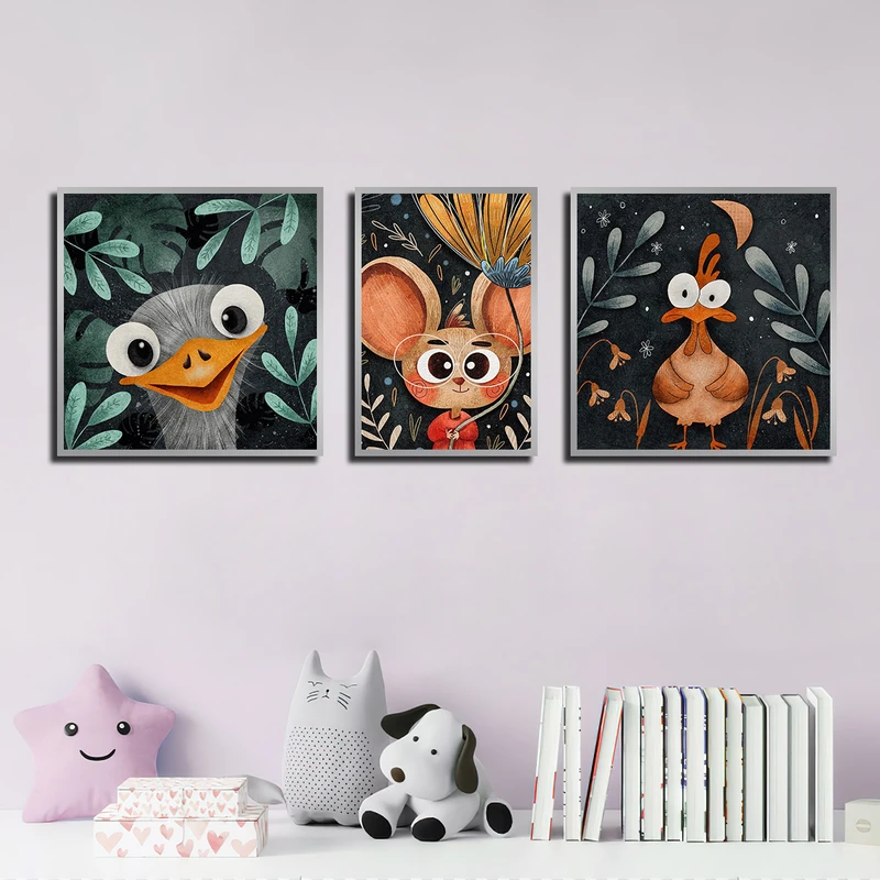 تابلو بکلیت طرح نقاشی حیوانات مدل SI-3826 فریم نقره ای مجموعه 3 عددی