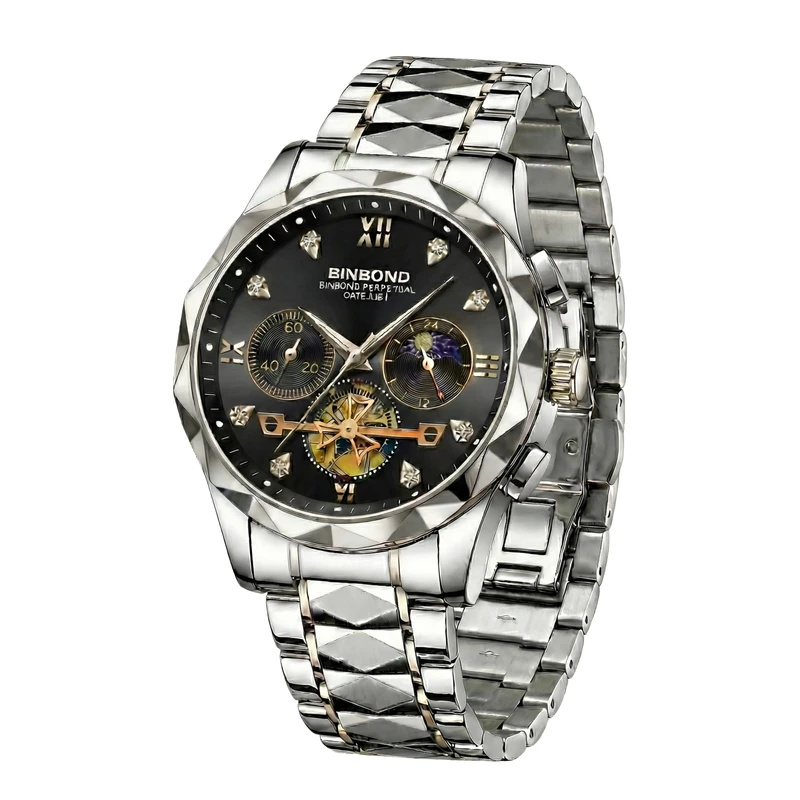 ساعت مچی عقربه‌ای کوارتز مردانه بین باند مدل اسپرت لوکس سه موتور فعال بند طرح تراش الماسی قفل مخفی کد JBN005