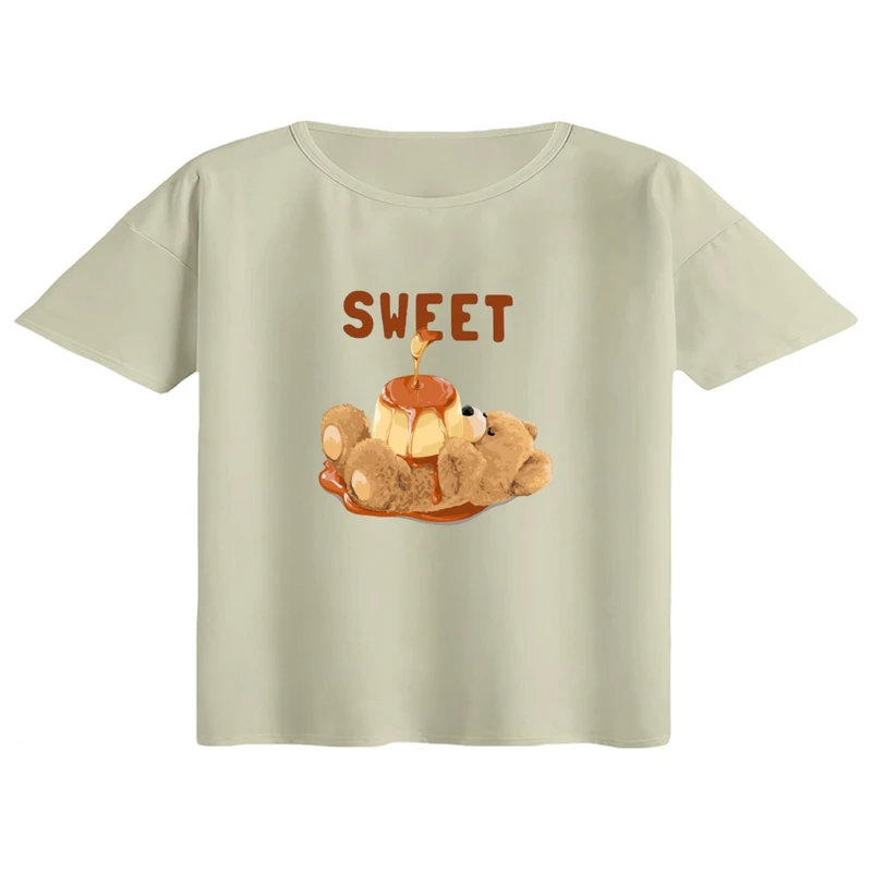 کراپ تی‌شرت آستین کوتاه زنانه مدل خرس کاراملی