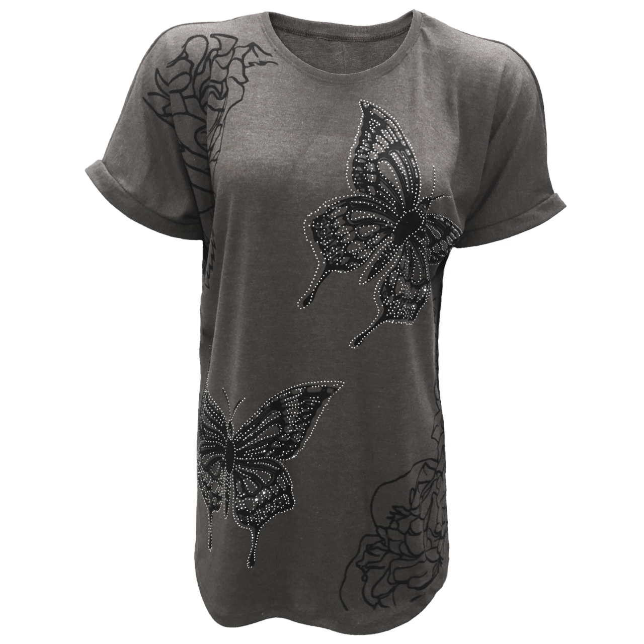 تیشرت آستین کوتاه زنانه طرح پروانه کد tm-1059 رنگ طوسی