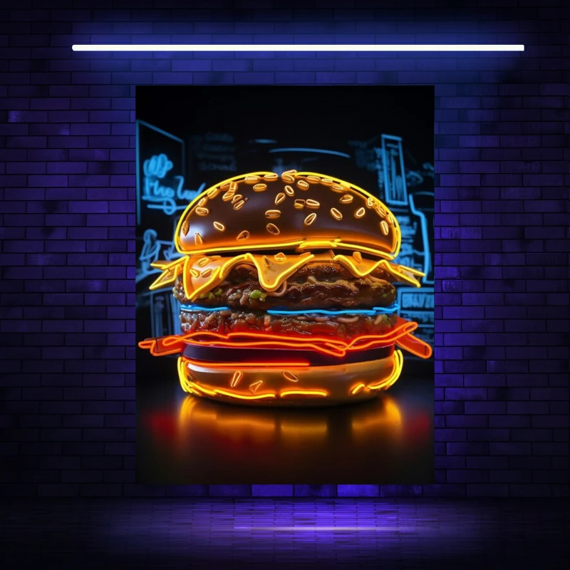تابلو بوم مدل دیپ مخمل بلک لایت طرح همبرگر نئون کد BK23338